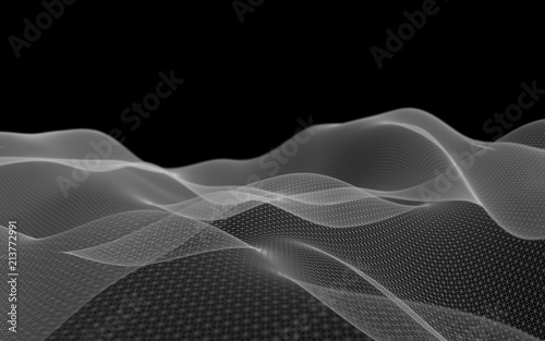 Abstract landscape on a dark background. Cyberspace grid. Hi-tech network. 3D illustration
