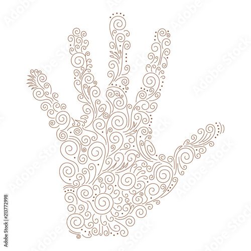 Vector illustration of a silhouette of a human palm. Pattern, isolated on background. Indian traditional pattern of henna. Floral ornament in a linear eastern style. File of 2 layers - fill and stroke