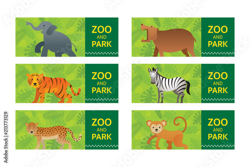 Wild Animals in Jungle, Banner, Ticket, Elephant, Hippopotamus, Tiger, Zebra, Leopard and Monkey