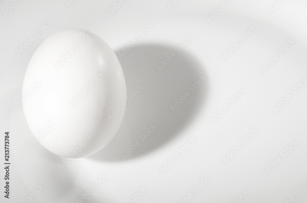 White egg on a white plate on a white background.