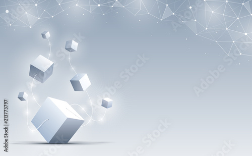 Vector 3d cubic abstract background. Background with connection geometric cubes. Science and technology. Big data and Internet connection. Vector illustration.
