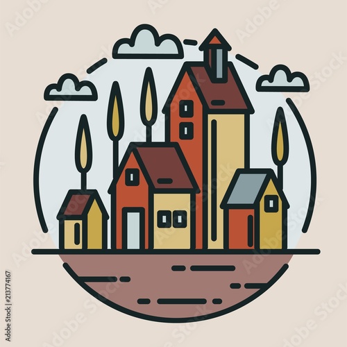Colored logotype with small village, ranch or organic farm buildings drawn in...