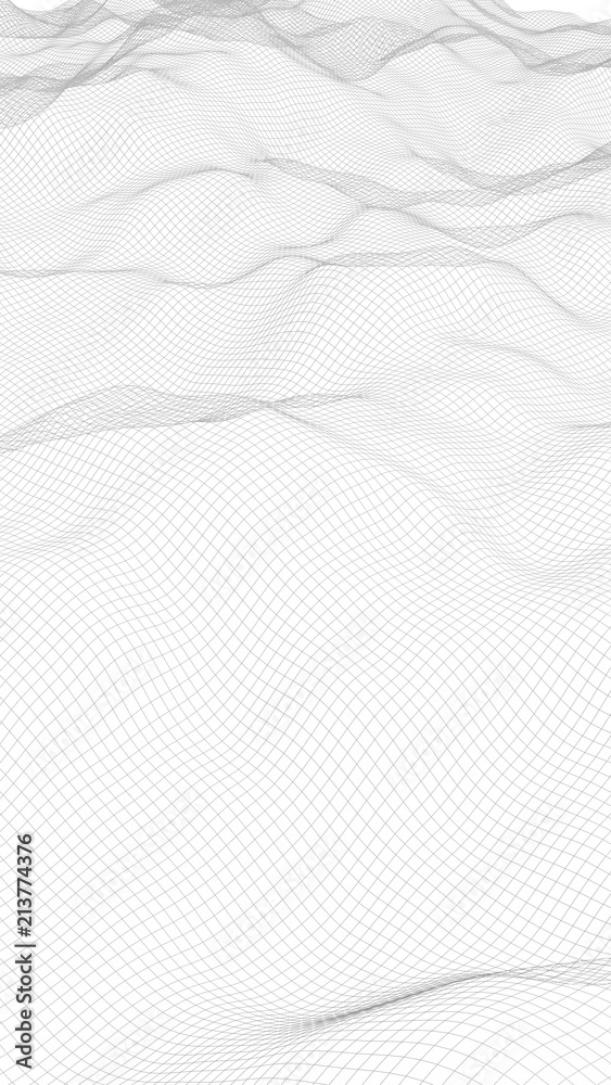 Obraz premium Abstract landscape on a white background. Cyberspace grid. Hi-tech network. Vertical image orientation. 3D illustration