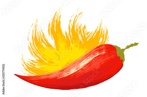 Watercolor red chilli pepper with flame.