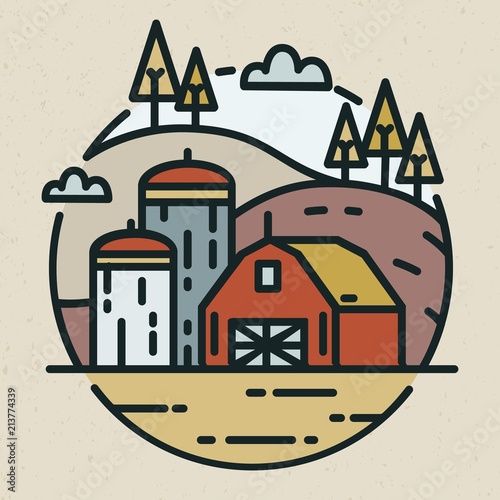 Modern logotype with countryside landscape and farm building with silos for g...
