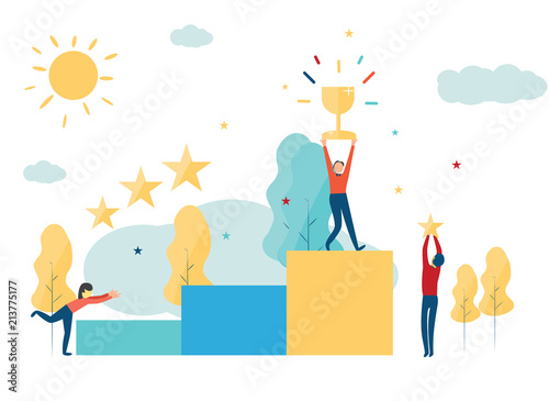 vector illustration. The winner stands on the podium at the first and holds a reward. prize for the best win