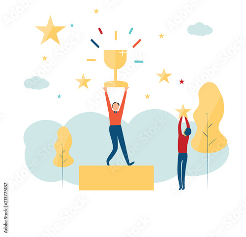 vector illustration. The winner stands on the podium at the first and holds a reward. prize for the best win
