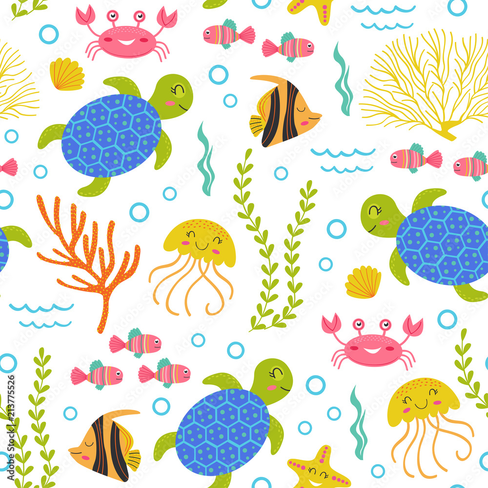 Fototapeta premium seamless pattern with turtle and other marine animals - vector illustration, eps