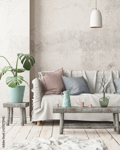 Mock up interior in Scandinavian style with a sofa. 3D rendering