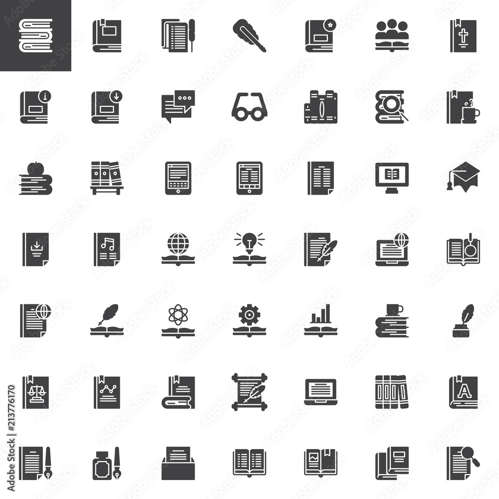 Literature books vector icons set, modern solid symbol collection, filled style pictogram pack. Signs, logo illustration. Set includes icons as Reading Book, Ink quill, Feather pen, Bookshelf,  ebook