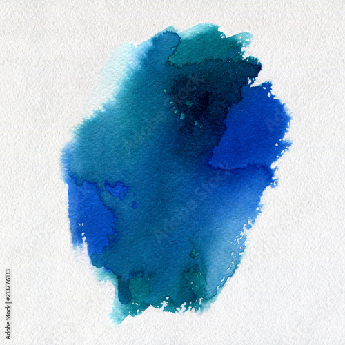 Abstract watercolor aquarelle hand drawn blue art paint blot on white background.