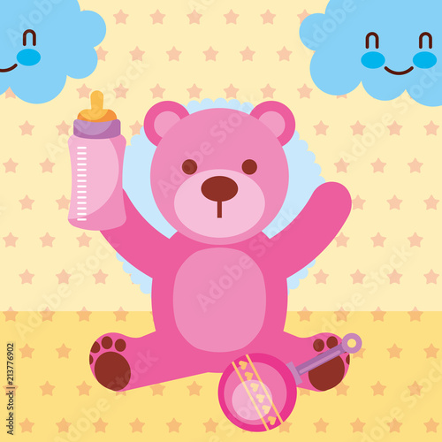 pink toy bear with feeding bottle rattle toy