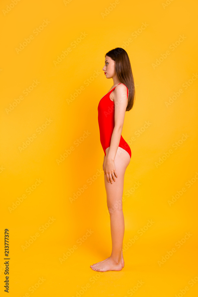 Full length side half turned view photo studio shoot portrait of beautiful attractive charming pretty serious fit slim lady student standing straight on floor isolated bright shiny background Full length side half turned view photo studio shoot portrait of beautiful attractive charming pretty serious fit slim lady student standing straight on floor isolated bright shiny background