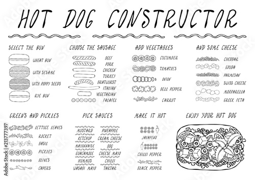 Hot Dog Ingredients Constructor. Sausage, Bun, Vegetables, Cheese, Salad Leaves, Sauce, Pepper. Fast Food Collection. Realistic Hand Drawn High Quality Vector Illustration. Doodle Style.