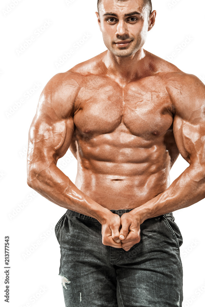 Brutal strong muscular bodybuilder athletic man pumping up muscles on white background. Workout bodybuilding concept. Copy space for sport nutrition ads. Brutal strong muscular bodybuilder athletic man pumping up muscles on white background. Workout bodybuilding concept. Copy space for sport nutrition ads.