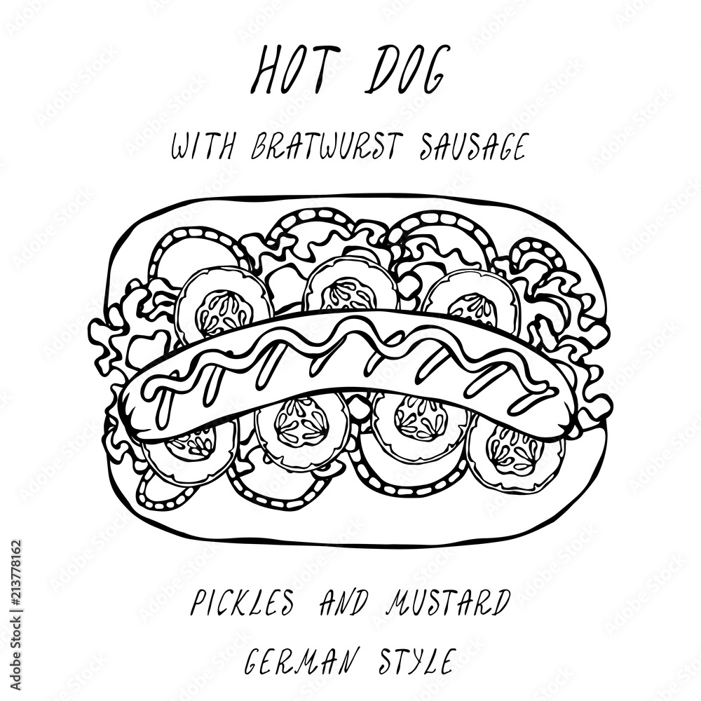 Hot Dog with Swiss Cheese, Hard Cheese, Lettuce Salad, Tomato, Red Onion Rings, Jalapeno, Mayo. Fast Food Collection. Realistic Hand Drawn High Quality Vector Illustration. Doodle Style. Hot Dog with Swiss Cheese, Hard Cheese, Lettuce Salad, Tomato, Red Onion Rings, Jalapeno, Mayo. Fast Food Collection. Realistic Hand Drawn High Quality Vector Illustration. Doodle Style.
