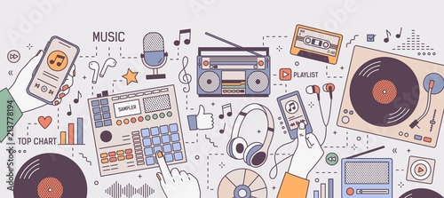 Colorful horizontal banner with hands and devices for music playing and listening - player, boombox, radio, microphone, earphones, turntable, vinyl records. Vector illustration in line art style.