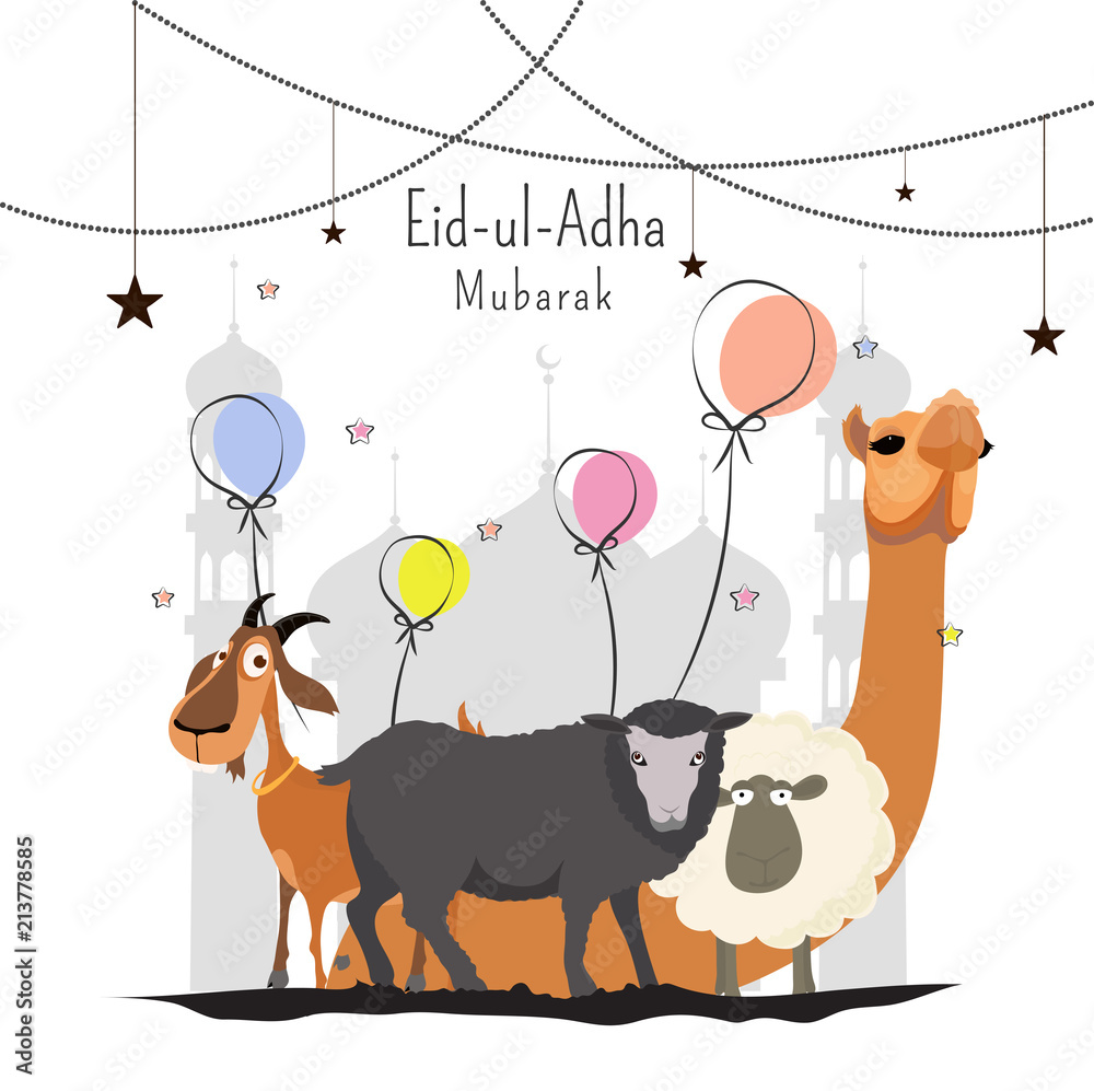 Eid Ul Adha Mubarak greeting card design decorated with hanging stars,  colorful balloons and illustration of animal character in front of mosque.  Stock Vector | Adobe Stock