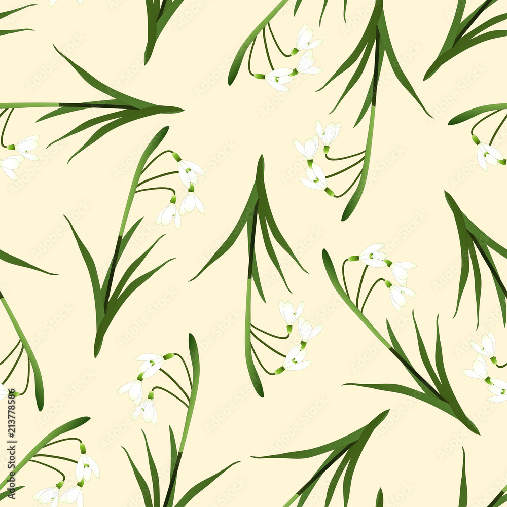 Naklejka premium White Snowdrop Seamless on Beige Ivory Background
