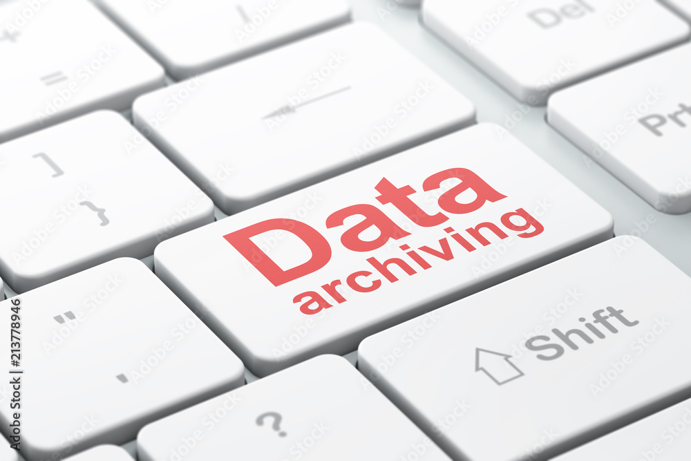 Information concept: computer keyboard with word Data Archiving, selected focus on enter button background, 3D rendering Information concept: computer keyboard with word Data Archiving, selected focus on enter button background, 3D rendering