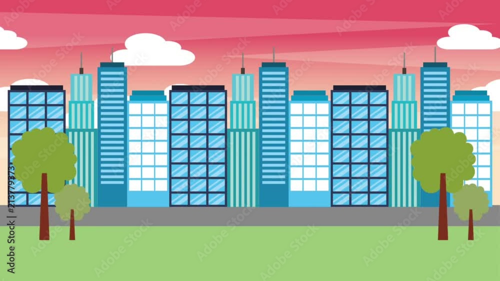 city downtown buildings architecture tree street animation hd