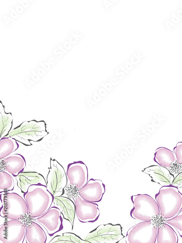 Flat style cherry flowers with buds and leaves.