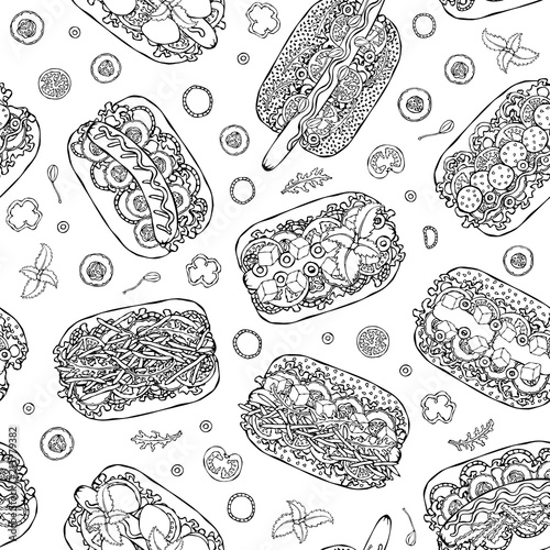 Hot Dog Seamless Endless Pattern. Many Ingredients. Restaurant or Cafe Menu Background. Fast Food Collection. Realistic Hand Drawn High Quality Vector Illustration. Doodle Style.