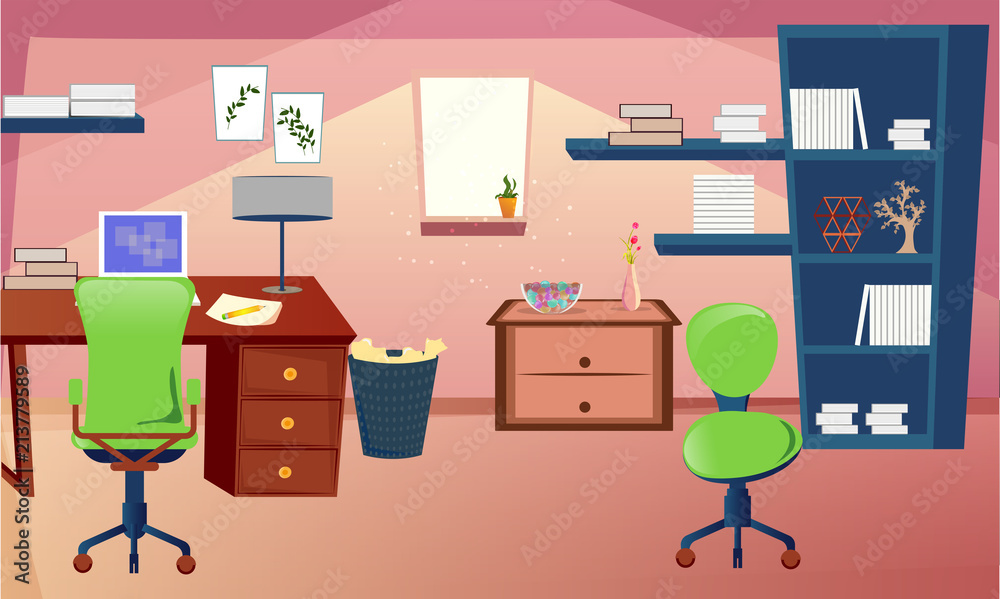 Study room or living room interior design in flat style. Study room or living room interior design in flat style.
