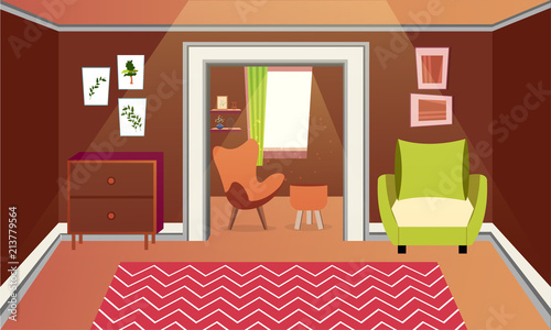 Living room interior design with lcd screen and armchair.