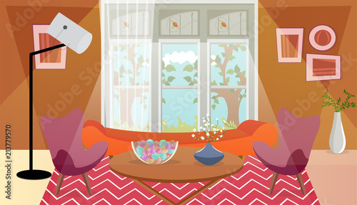 Living room interior design with lcd screen and armchair.