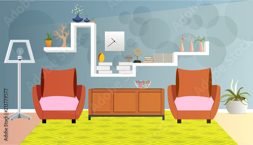 Living room interior design with lcd screen and armchair.