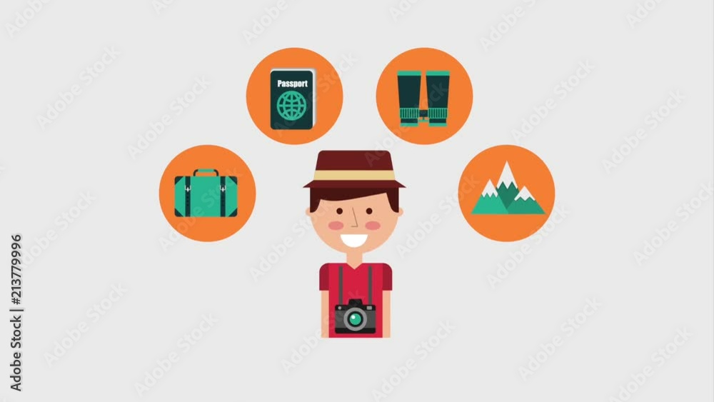 man cartoon traveler passport camera binoculars mountains animation hd man cartoon traveler passport camera binoculars mountains animation hd