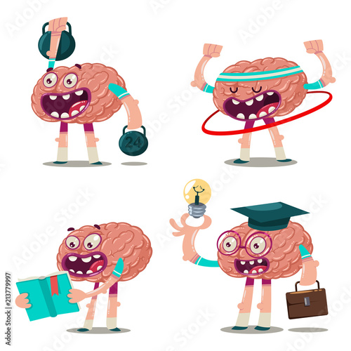 Funny cartoon brain reads a book, a graduate with a light bulb, trains with weights and hula hoop. Vector character set isolated on white background. Brainstorm illustration.