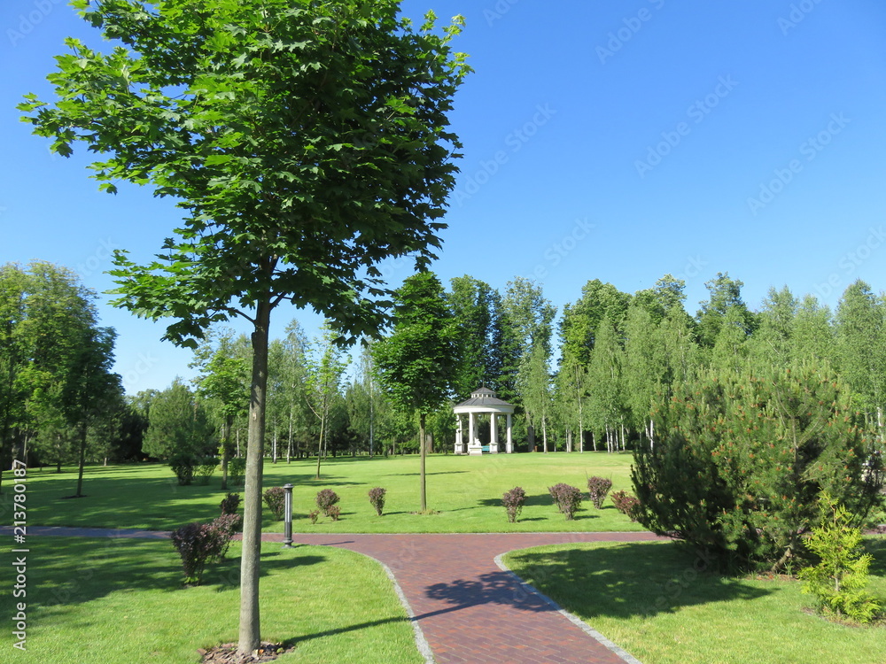 Walkway and gazebo on a lawn in a park recreation area in summer on a sunny day