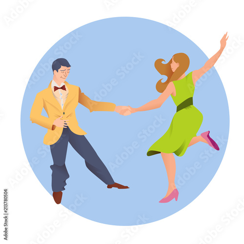 Dancers of Lindy hop. The man and the woman isolated in a blue circular background. Poster for studio of dances. Flyer or element of advertizing for social dance. Flat vector illustration of people.