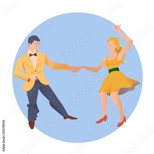 Dancers of Lindy hop. The man and the woman isolated in a blue circular background. Poster for studio of dances. Flyer or element of advertizing. Flat vector illustration of social dance.