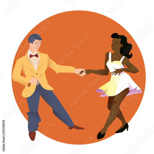 Dancers of Lindy hop. The man and the woman of different nationalities dance. People isolated on orange circular background. Poster for studio of dances. Flat vector illustration of people.