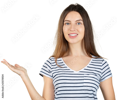 Cheerful woman pointing