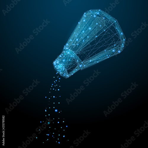 Abstract image of a salt in the form of a starry sky or space, consisting of points, lines, and shapes in the form of planets, stars and the universe. Eat and drink wireframe concept