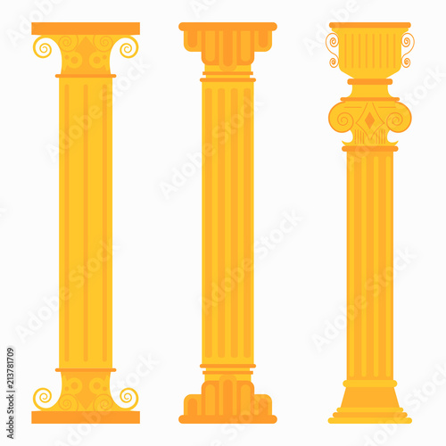Gold classic columns for weddings, palaces. Decorative pillars vector flat icons set isolated on white background.