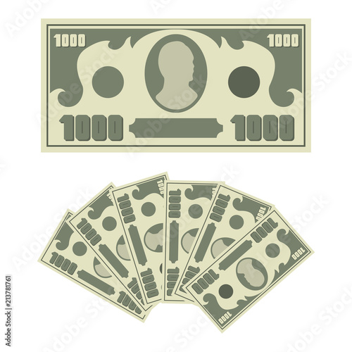 1000 dollars bill and money cash fan. Vector flat simple banknote icons isolated on white background.