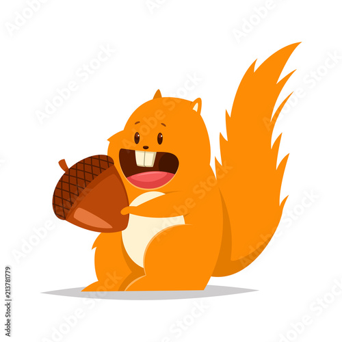 Funny fat squirrel with a nut. Vector cartoon flat character of forest animal isolated on white background.