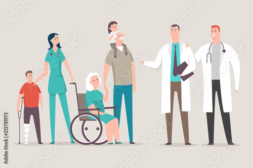 Doctor and nurse with patients of different ages. Medical staff vector cartoon flat character isolated on background.