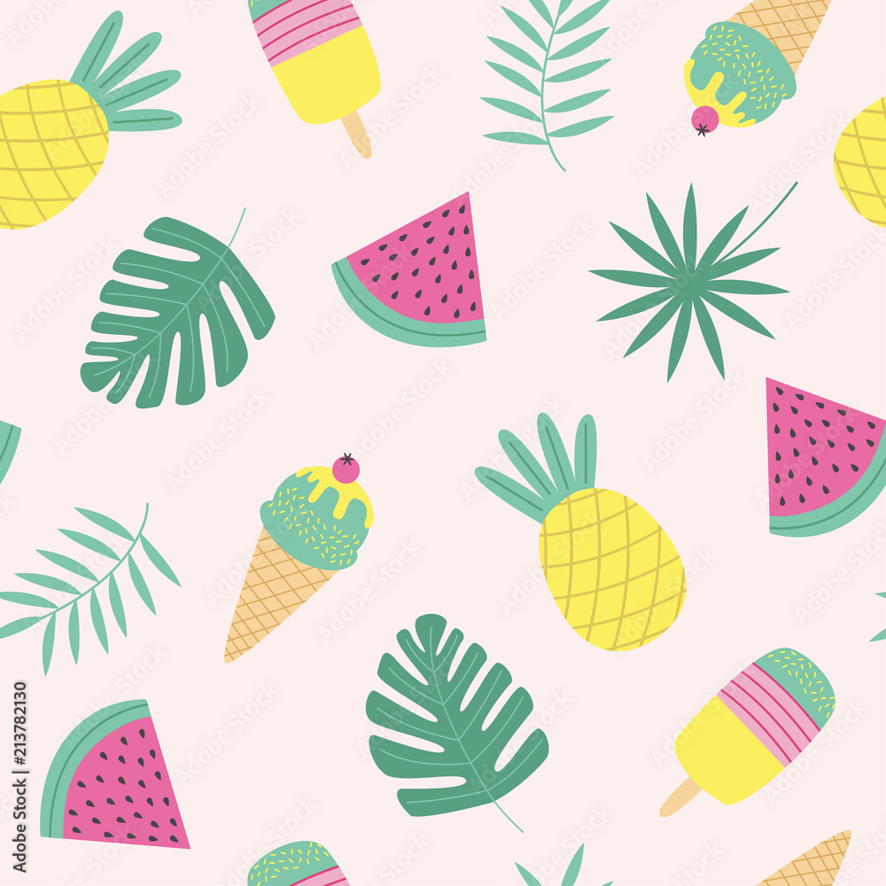 Fototapeta seamless pattern with ice cream, fruit, tropical leaf - vector illustration, eps
