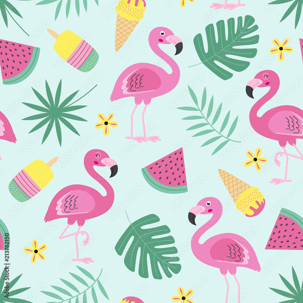 Fototapeta premium wzór z flamingo, lody, owoce, tropikalny liść - ilustracja wektorowa eps