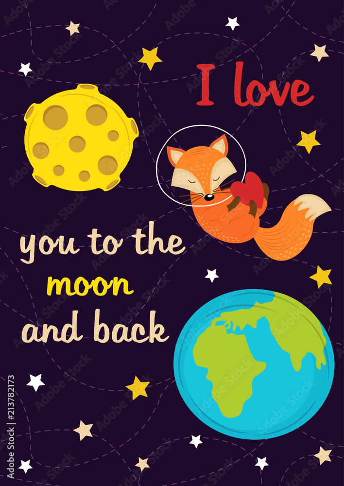 Fototapeta premium love card with fox in space - vector illustration, eps