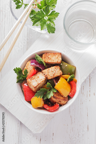 tofu salad with sauce bbq on white background.