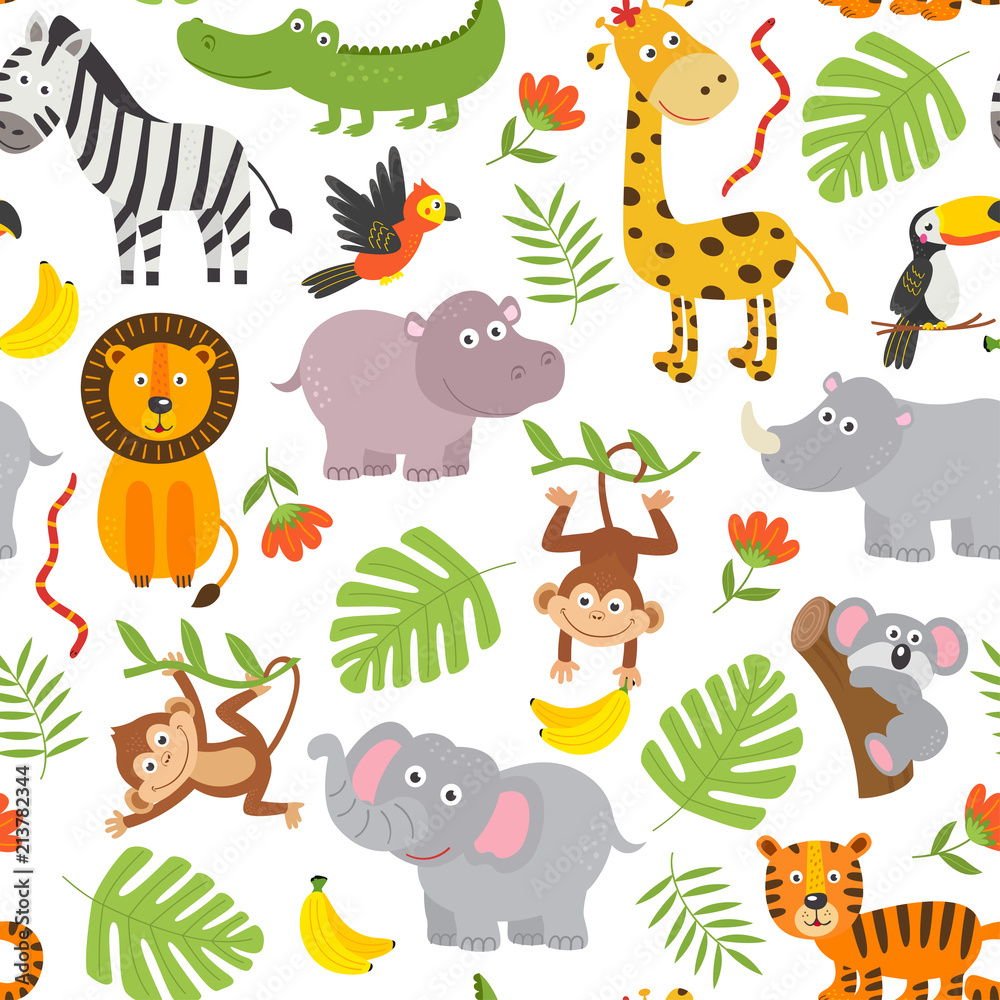 seamless pattern jungle animals  on  white background  -  vector illustration, eps