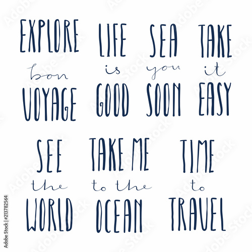 Set of hand written calligraphic lettering quotes about summer holidays. Isolated objects. Vector illustration. Concept for children print, vacations, summertime, travelling.