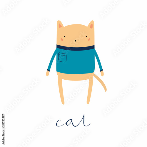 Hand drawn vector illustration of a cute funny cat in sweater, with calligraphic hand written quote. Isolated objects. Scandinavian style flat design. Concept for children print.